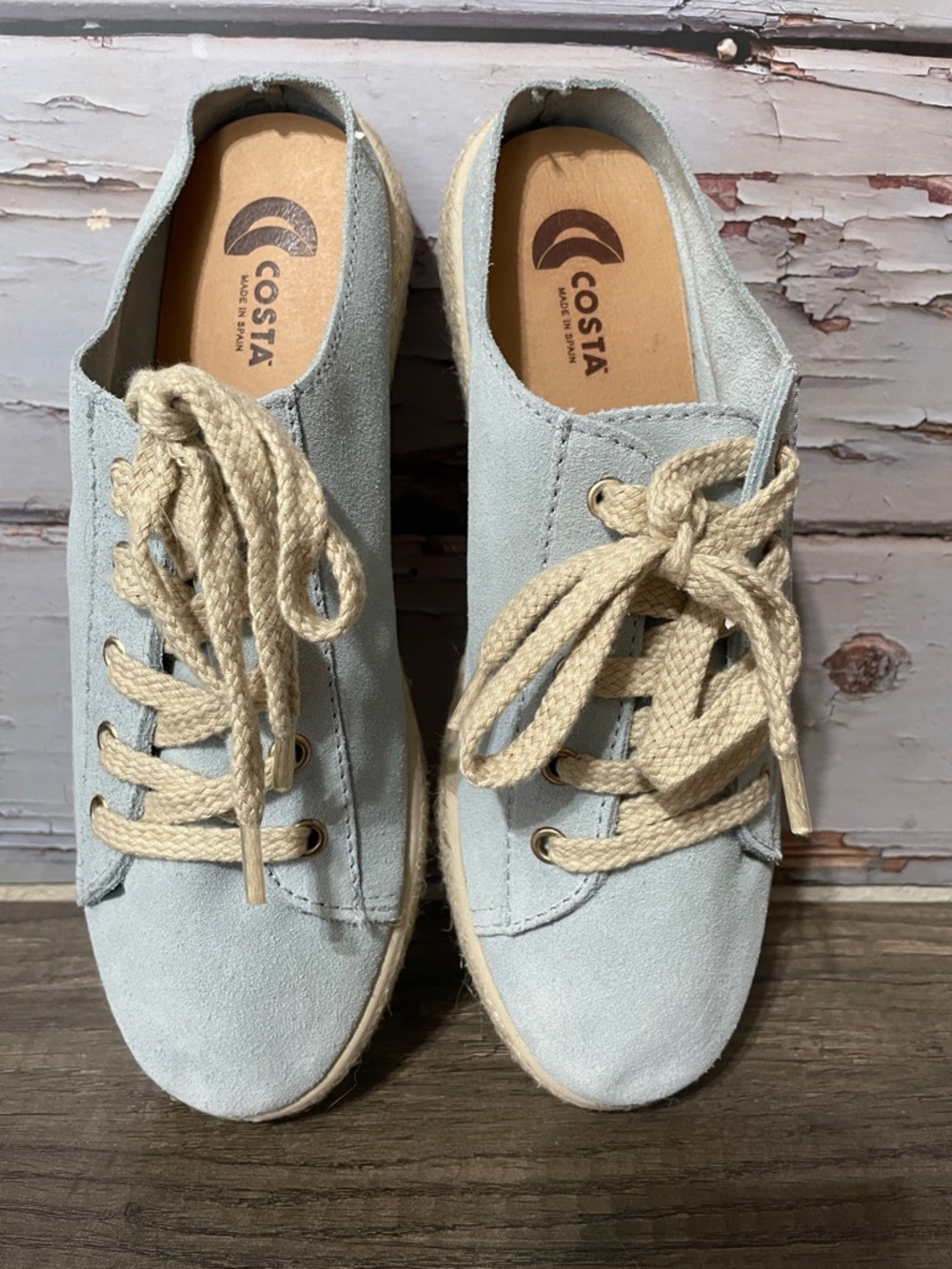 Costa Women's Pale Blue Suede Lace-Up Sneakers with Cream Laces. NWOT
